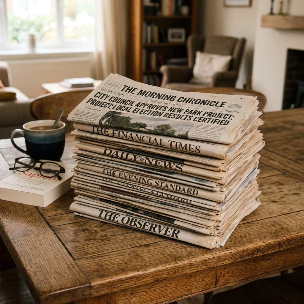 Stack of newspapers including The Morning Chronicle, The Financial Times, Daily News, The Evening Standard, and The Observer on a wooden table with coffee and glasses.