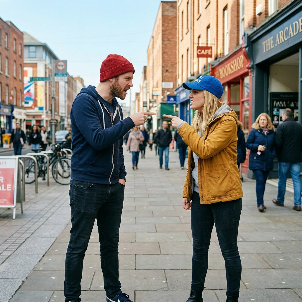 Man and woman pointing at each other and smiling on a busy urban street