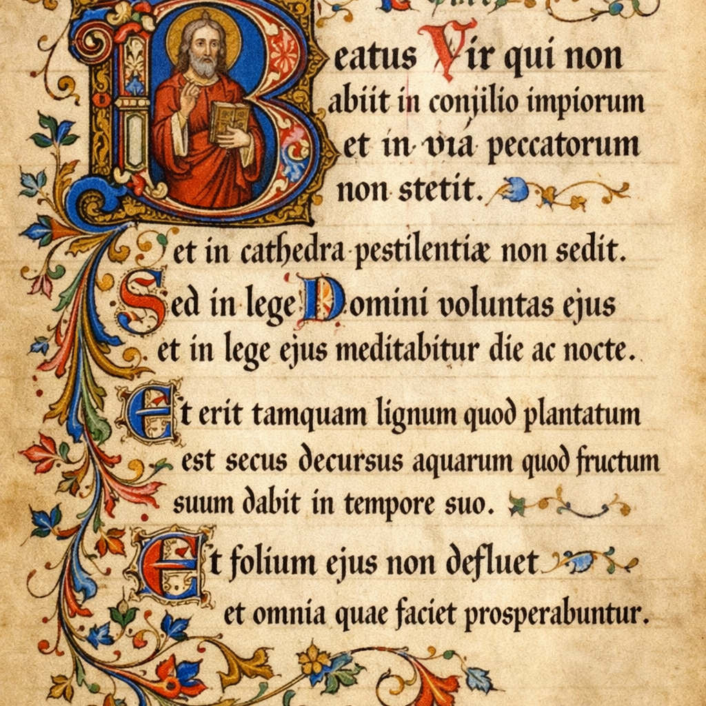 Decorated manuscript page with illuminated initial B depicting a saint and Latin religious text